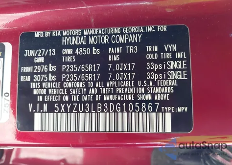 2013 Hyundai Santa Fe Sport z USA, uszkodzony, nr VIN 5XYZU3LB3DG105867